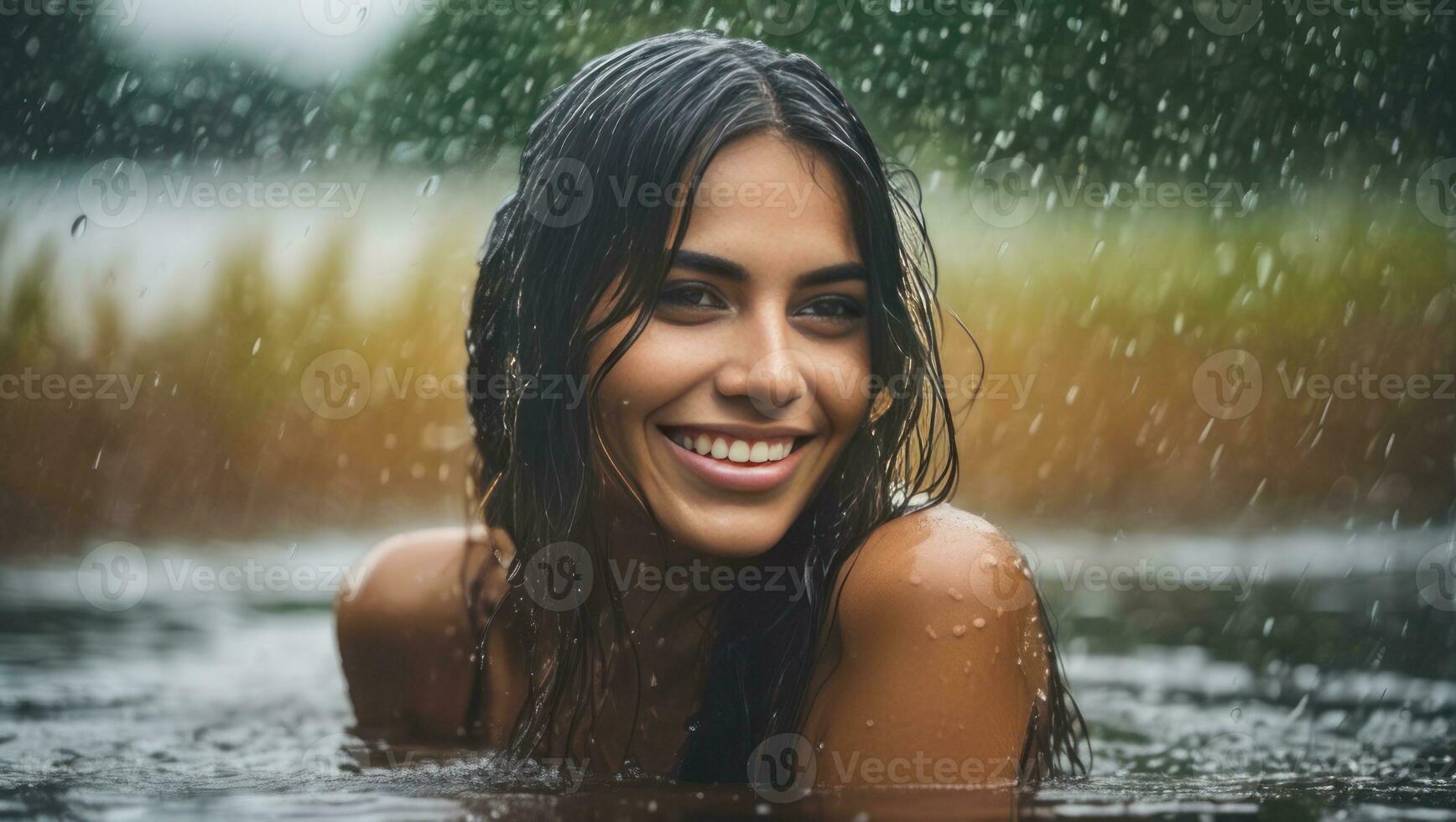 retrato do lindo erótico sorridente molhado mulher dentro a água dentro a chuva. generativo ai foto