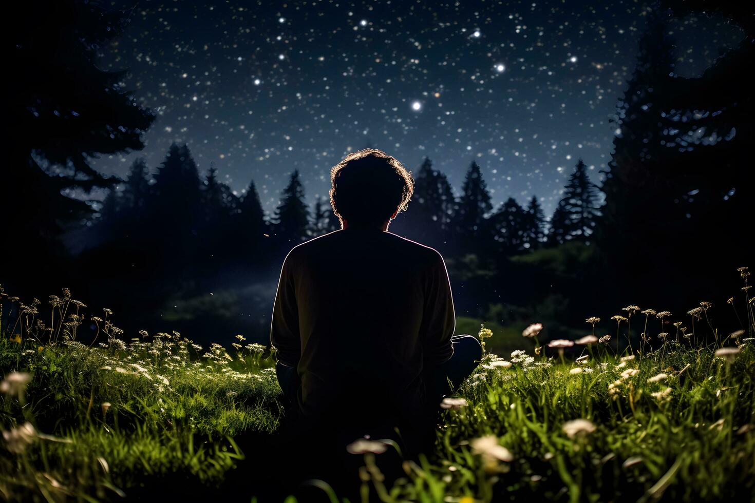 homem meditando em a Prado às noite com estrelado céu ai gerado foto