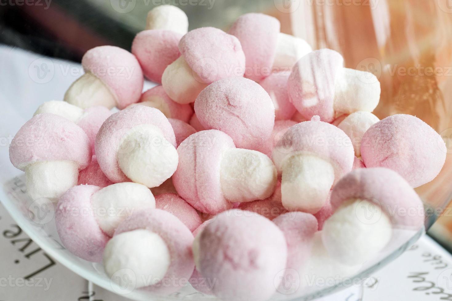 marshmallows doces rosa e brancos em uma tigela foto