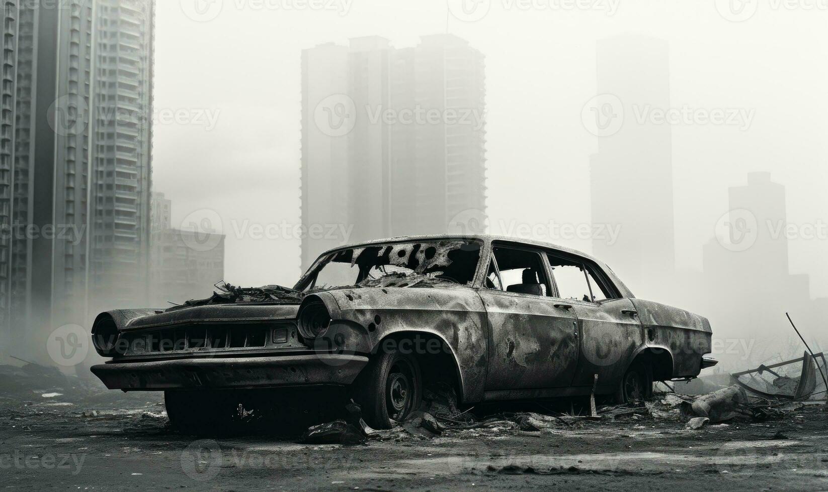 abandonado, naufragado carro dentro uma cidade. ai generativo. foto