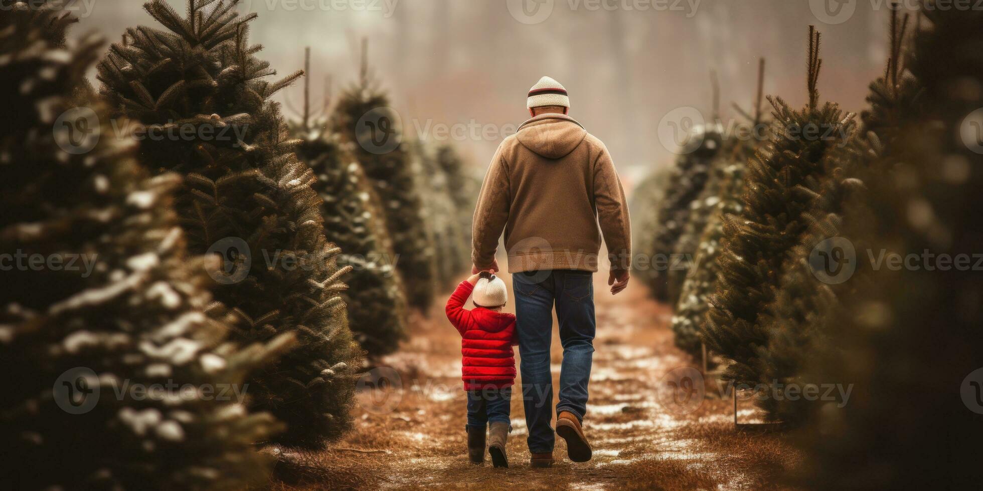 comovente cena do pai e filho segurando mãos às uma Natal árvore Fazenda. ai generativo. foto