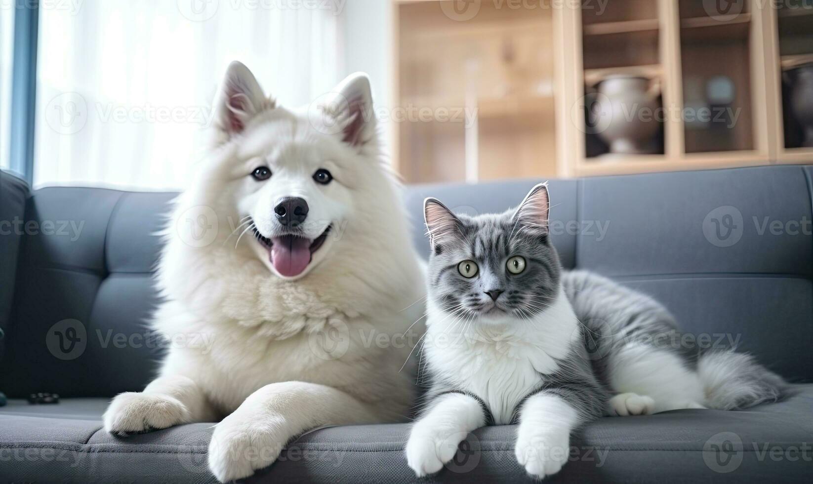 dentro uma sereno vivo sala, dois adorável animais de estimação, uma cachorro e uma gato. ai generativo. foto