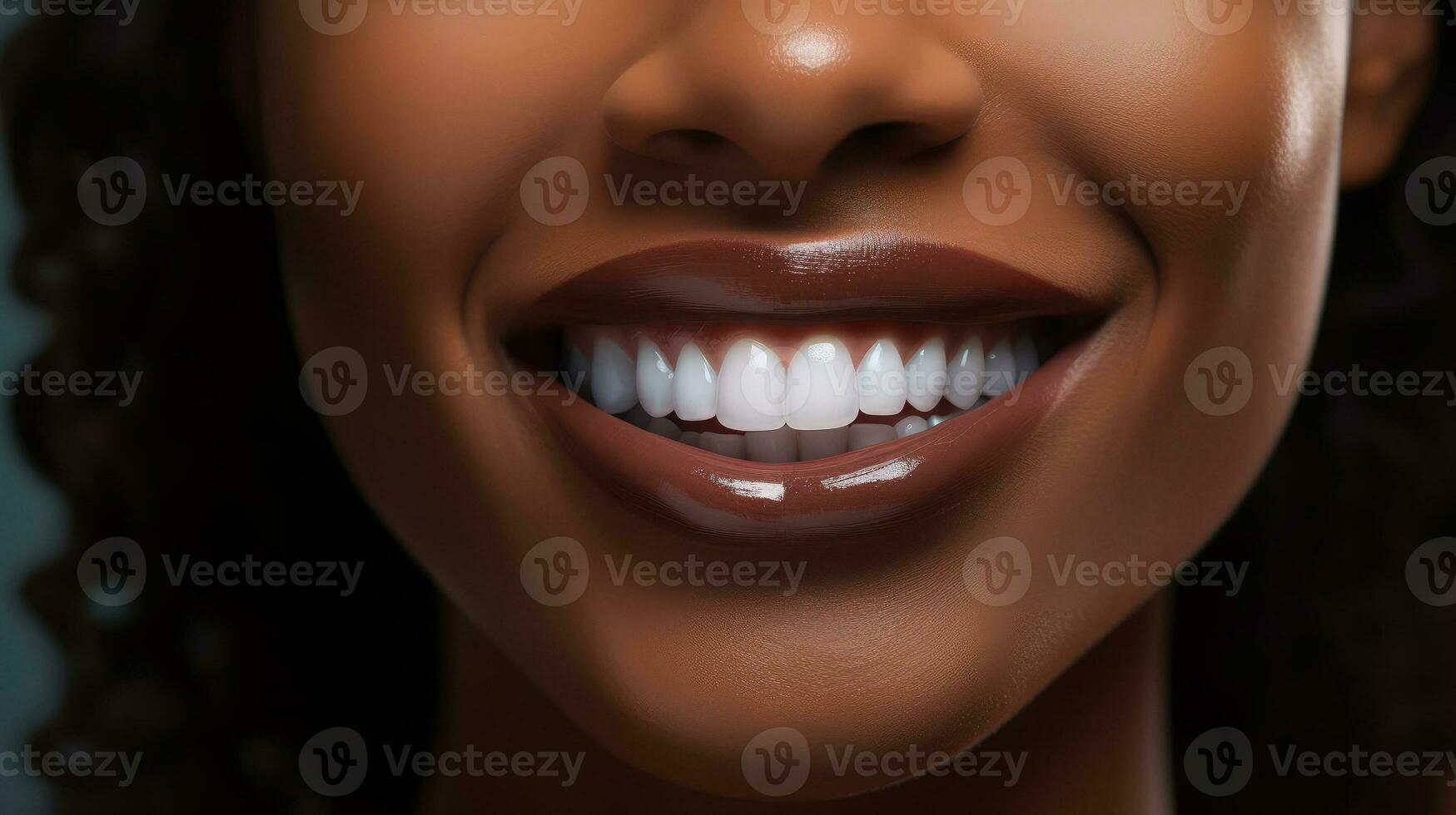 fechar-se perfeito Branca de Neve sorrir do a americano africano mulher. dental saúde e odontologia conceito foto