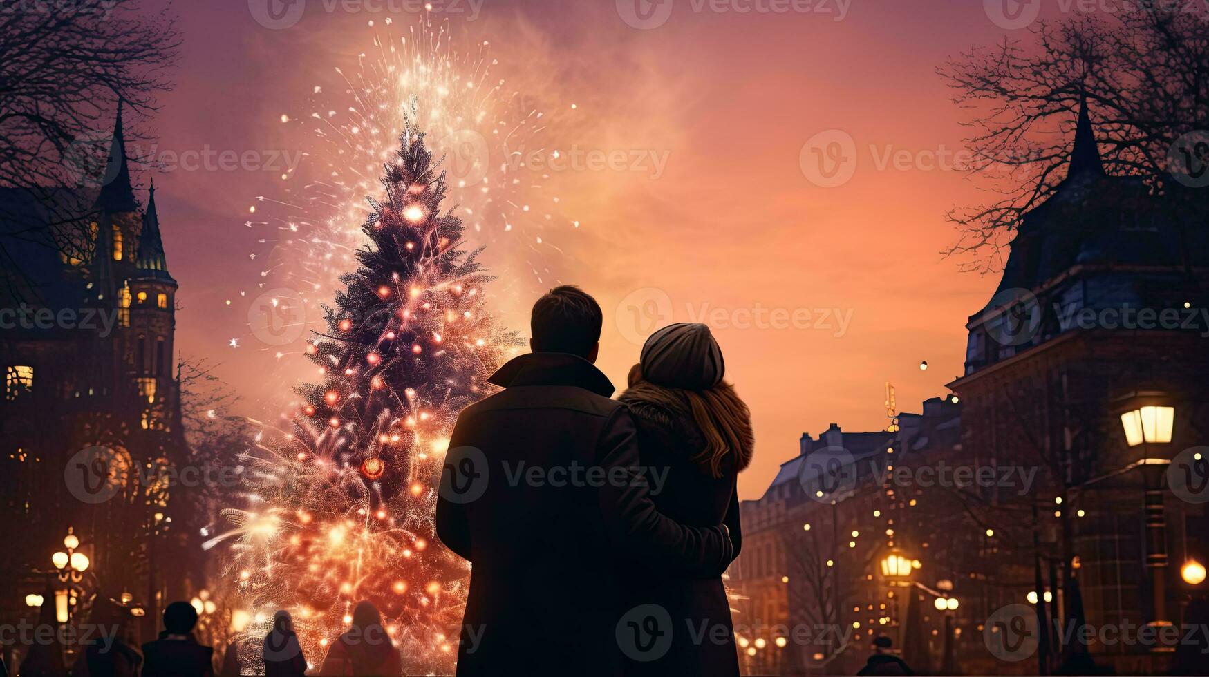 feliz família assistindo fogos de artifício e Natal árvore às noite. Novo ano celebração conceito. foto