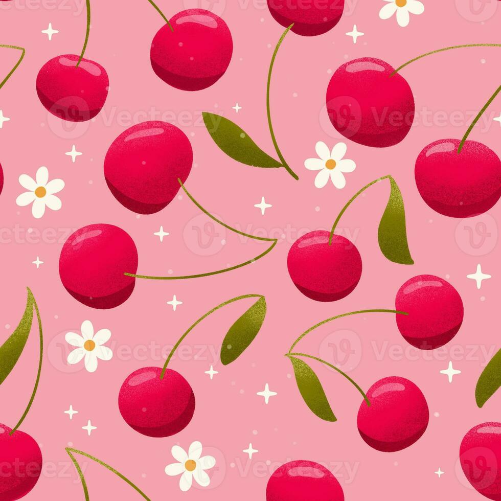 desatado padronizar com mão desenhado cerejas em Rosa fundo. fruta e floral Projeto dentro brilhante cores. colorida ilustração. foto