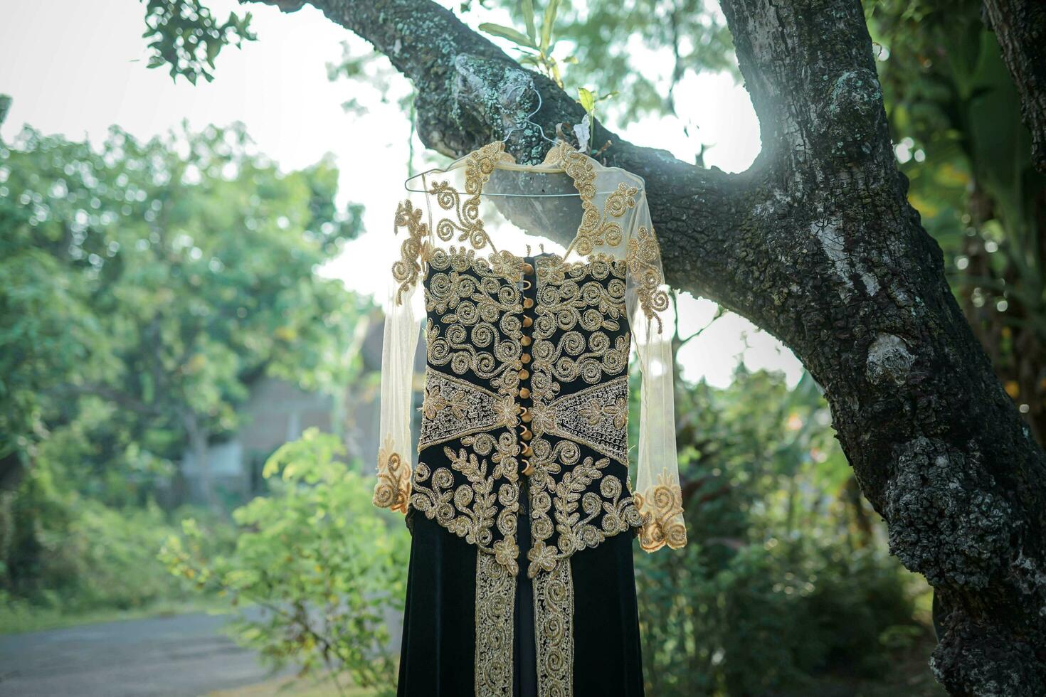 kebaya para Casamento dia, tradicional indonésio vestir em uma verde fundo foto