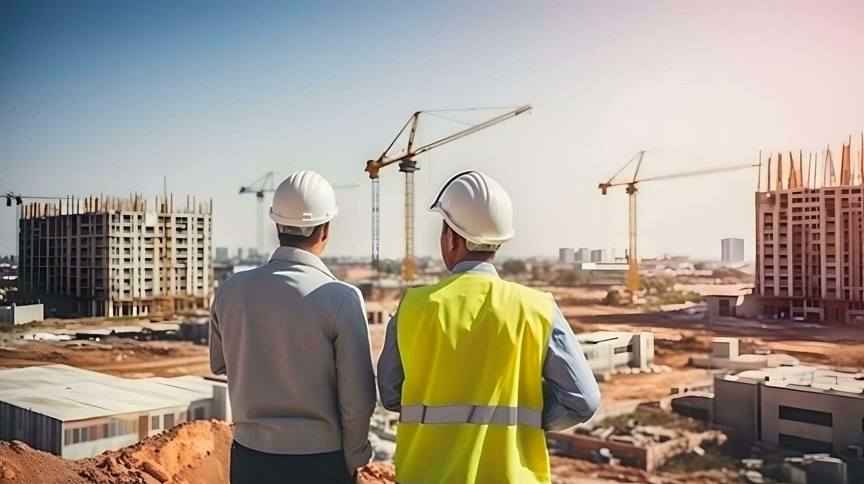 o negócio homem construção engenheiros supervisionar progresso do construção projeto às construção local ai gerar foto