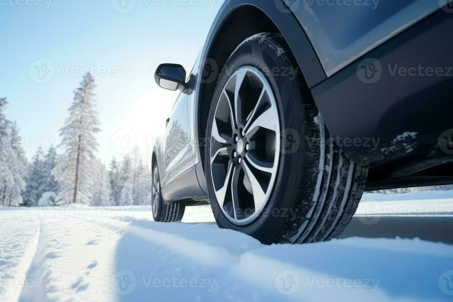 Novo carro inverno pneu às floresta estrada. gerar ai foto