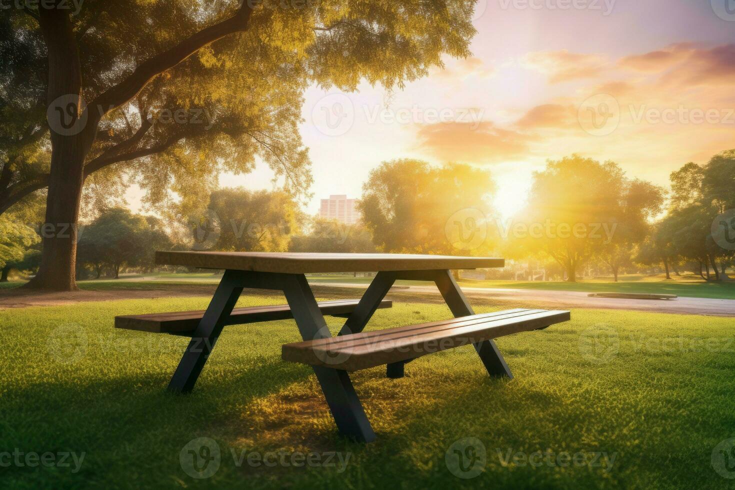 mesa Banco às pôr do sol parque cena. gerar ai foto