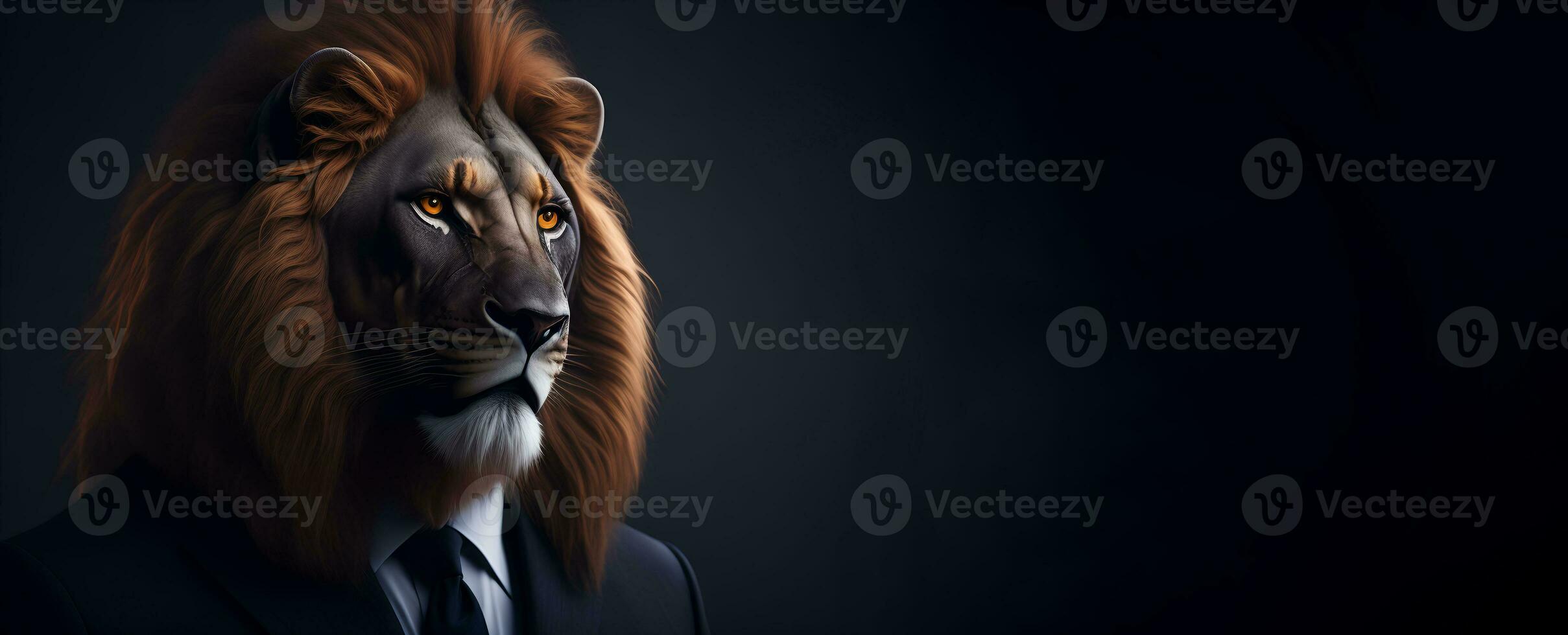 retrato do humanóide antropomórfico leão vestindo homem de negocios patrão terno dentro Preto fundo para cópia de espaço bandeira ai generativo foto