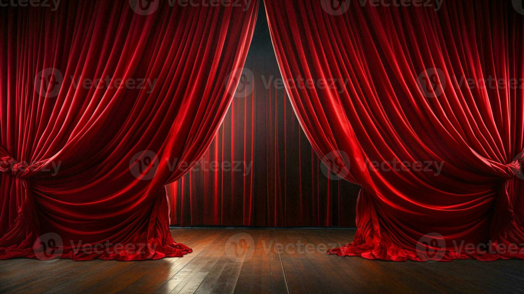 dramaticamente aceso brilhante vermelho veludo teatro cortinas e de madeira etapa chão. generativo ai. foto