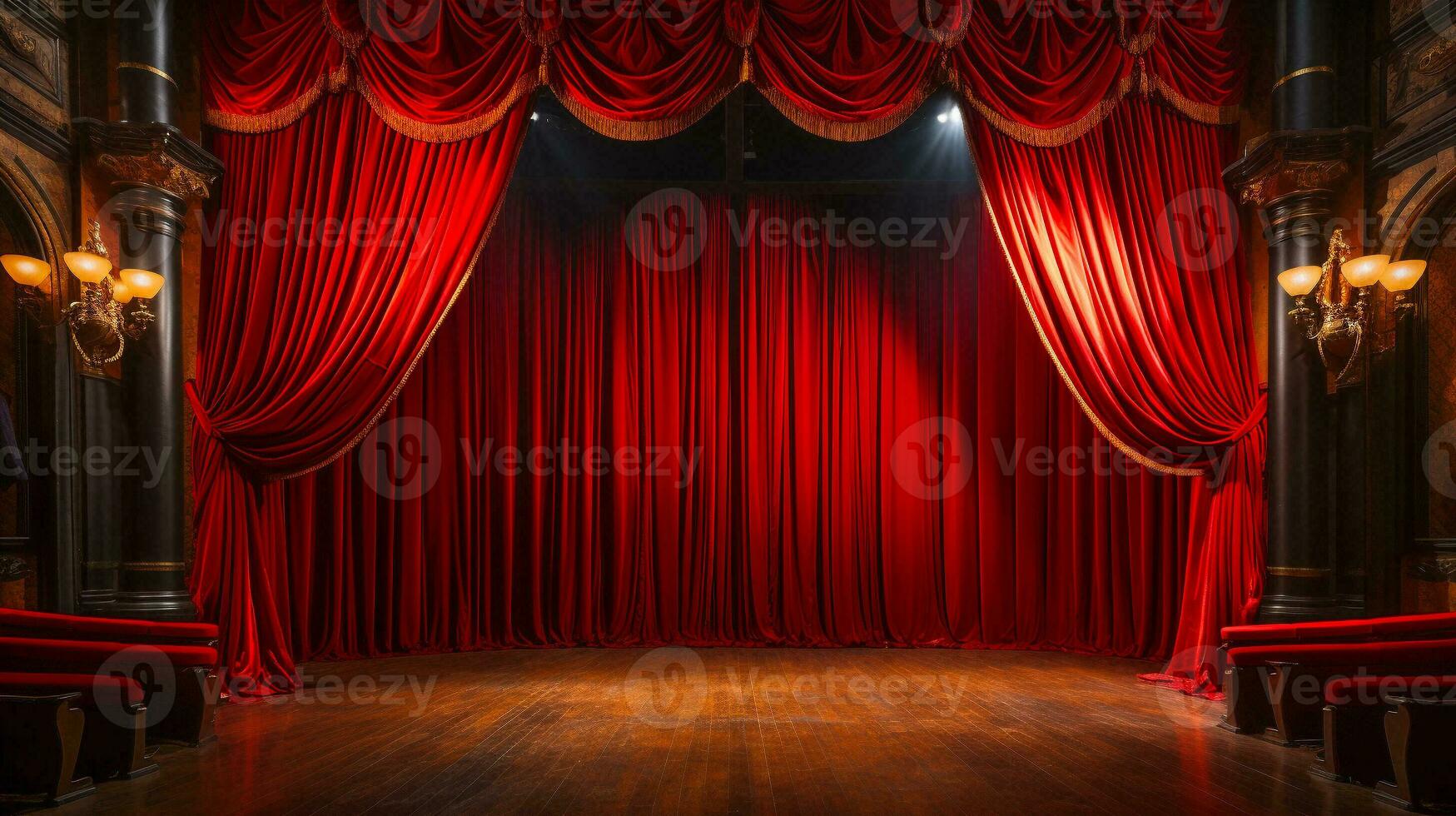 dramaticamente aceso brilhante vermelho veludo teatro cortinas e de madeira etapa chão. generativo ai. foto