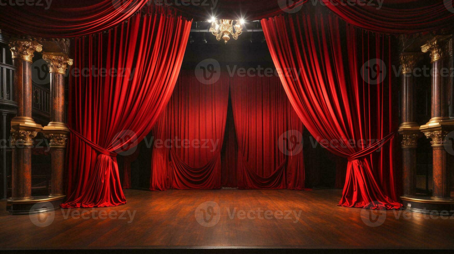 dramaticamente aceso brilhante vermelho veludo teatro cortinas e de madeira etapa chão. generativo ai. foto