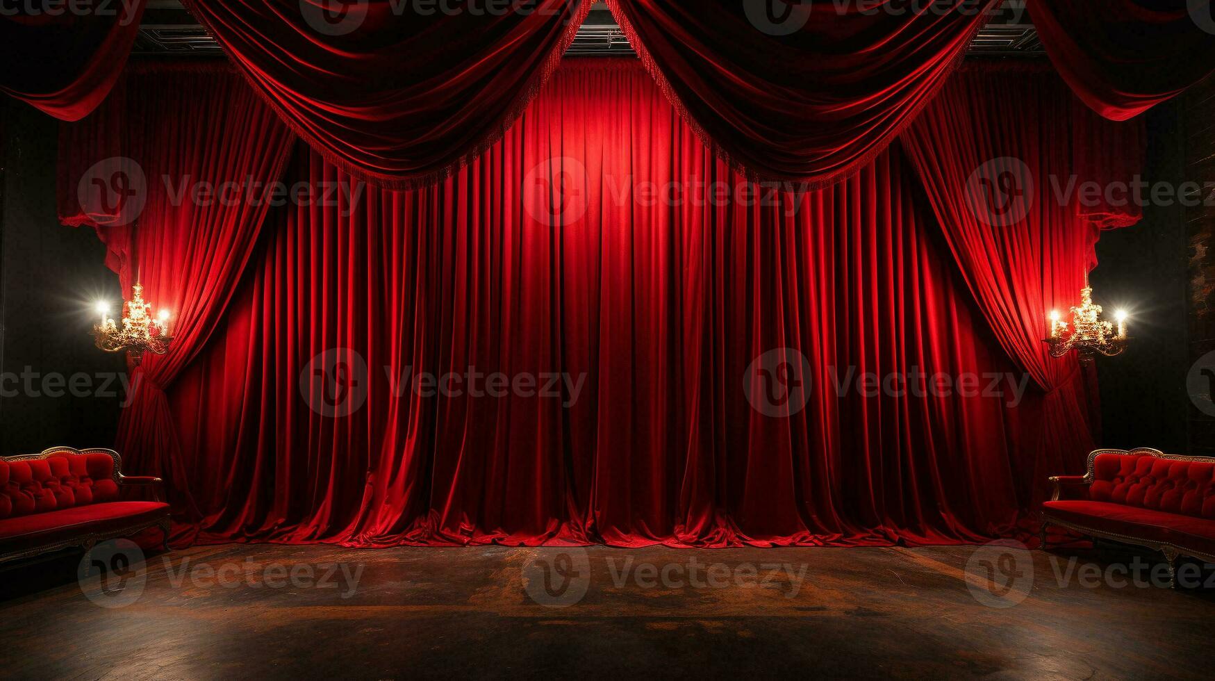 dramaticamente aceso brilhante vermelho veludo teatro cortinas e de madeira etapa chão. generativo ai. foto