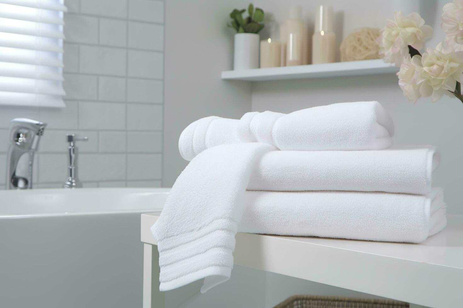 a os mundos mais macio toalhas contra uma minimalista fundo. empilhado branco toalhas sentar em topo do uma Sabonete prato dentro uma banheiro. ai generativo foto