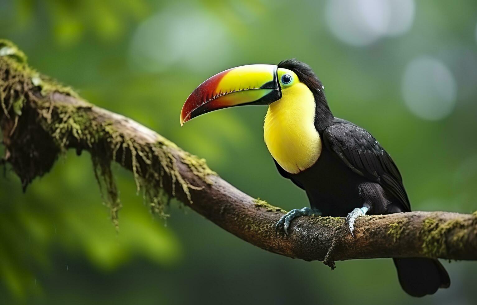 castanha mandíbula tucano sentado em a ramo dentro tropical chuva com uma verde selva. generativo ai foto