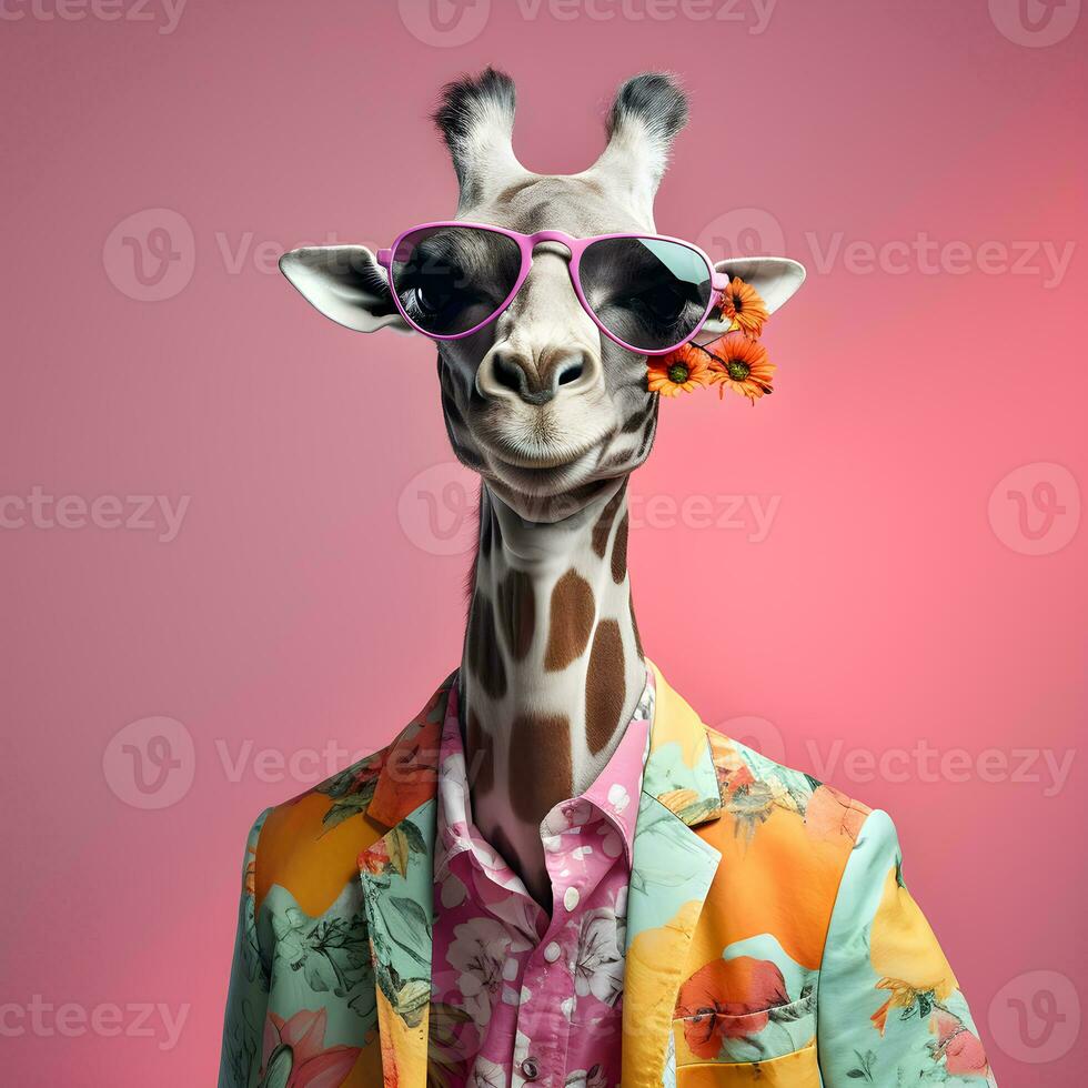 a legal girafa vestindo terno roupas e copos, moderno fundo. conceito elegante animais. generativo ai. foto