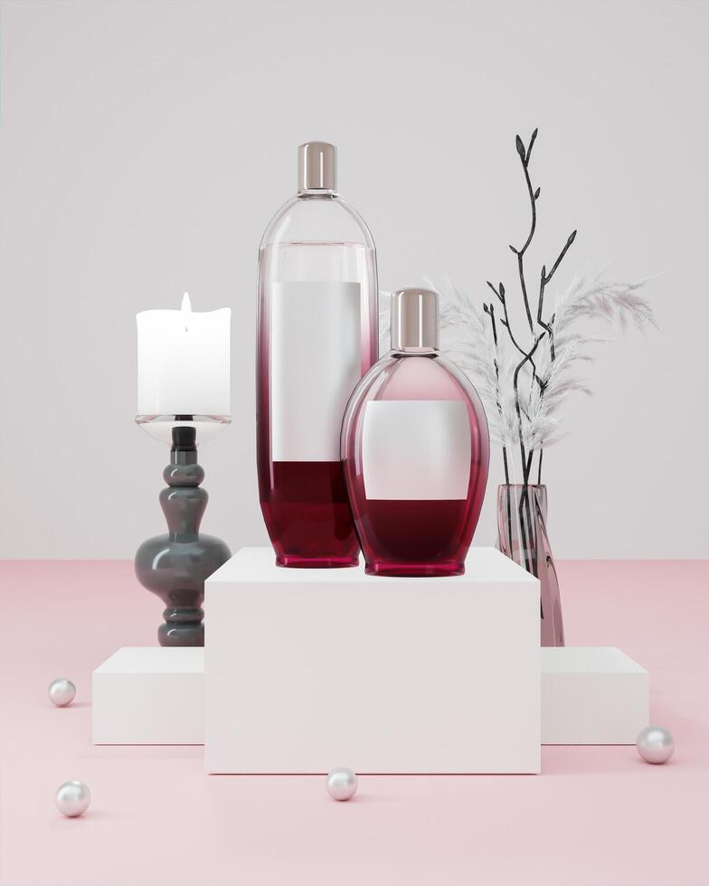 frasco de perfume carmesim em caixa branca com lâmpada e vaso foto