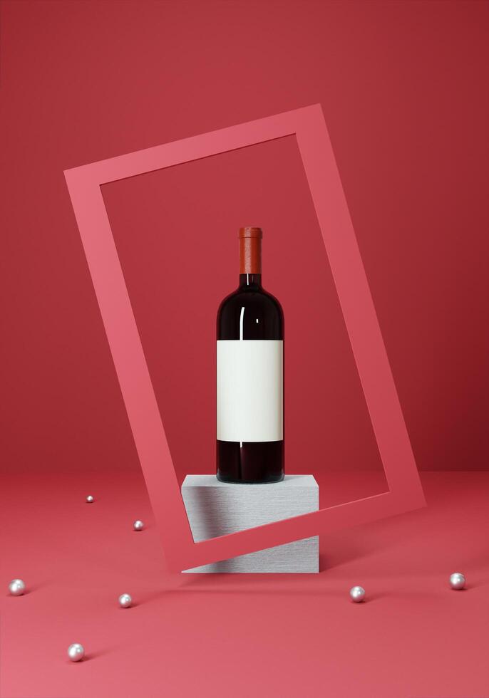 uma garrafa de vinho em um pedestal branco com uma moldura vermelha. foto