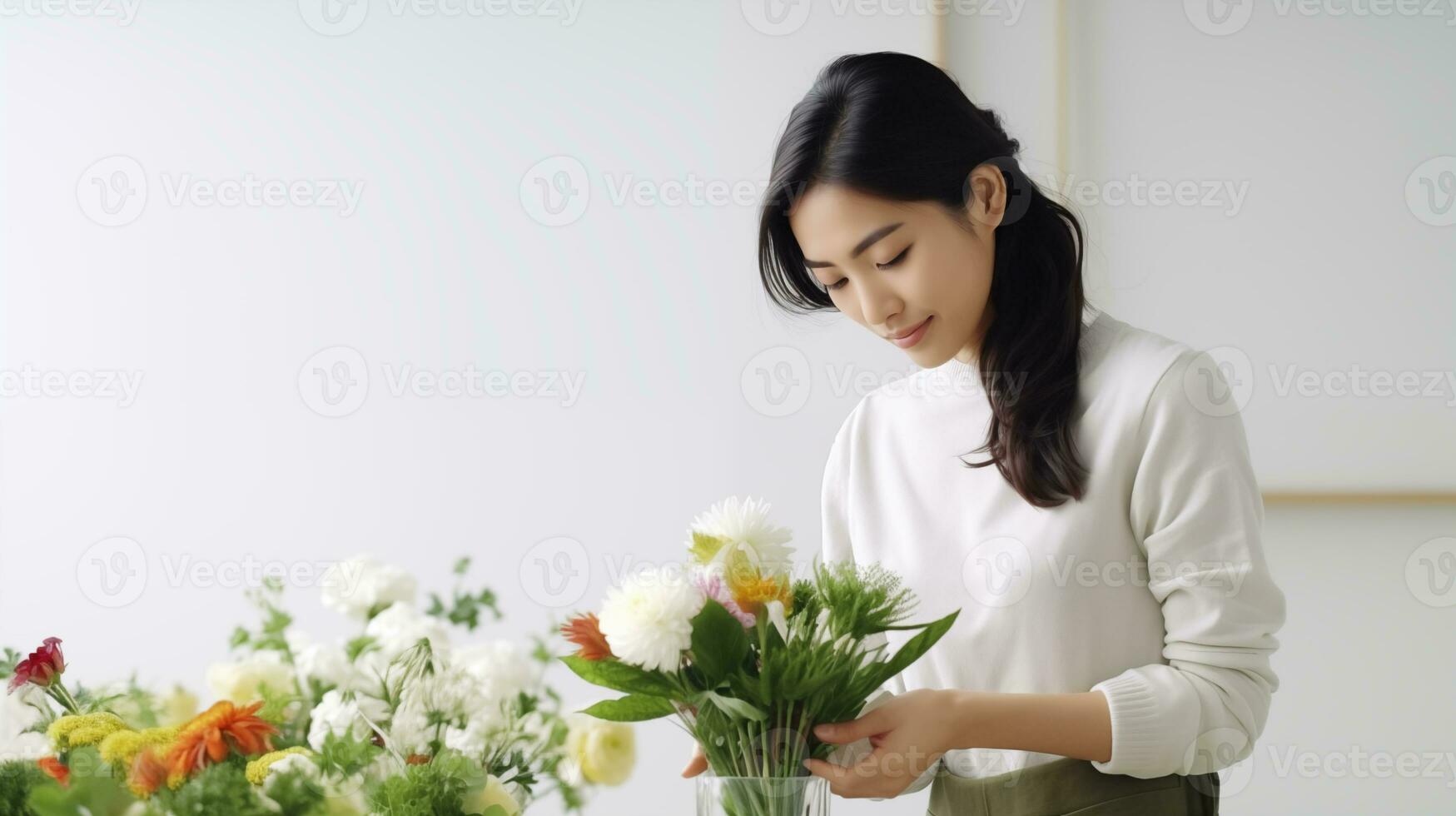 uma japonês florista parece para a esquerda dentro uma pensando pose ai gerado foto