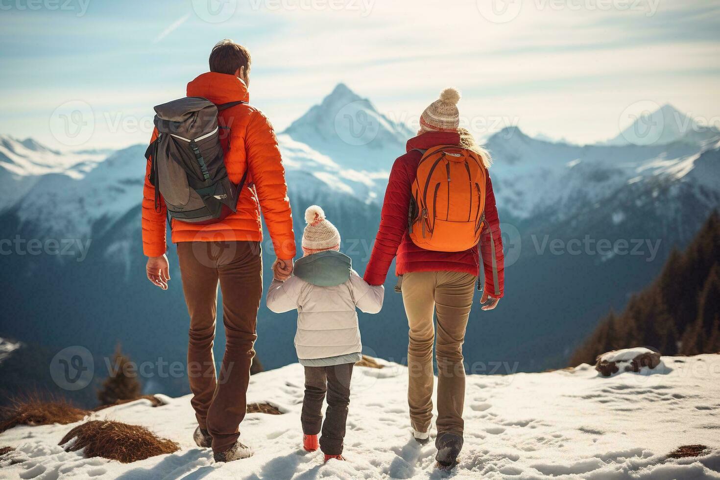 aventura família, pai, mãe e criança caminhada em inverno Alto pico montanhas cobrir com neve. Visão a partir de a voltar. família atividade desfrutando para viagem junto. generativo ai. foto