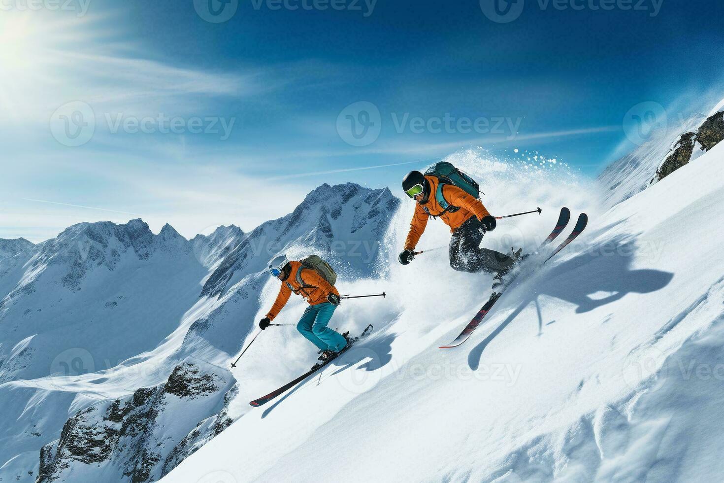esquiadores esquiar em Nevado declive dentro a montanhas. aventura esporte atividade dentro a inverno temporada. generativo ai. foto