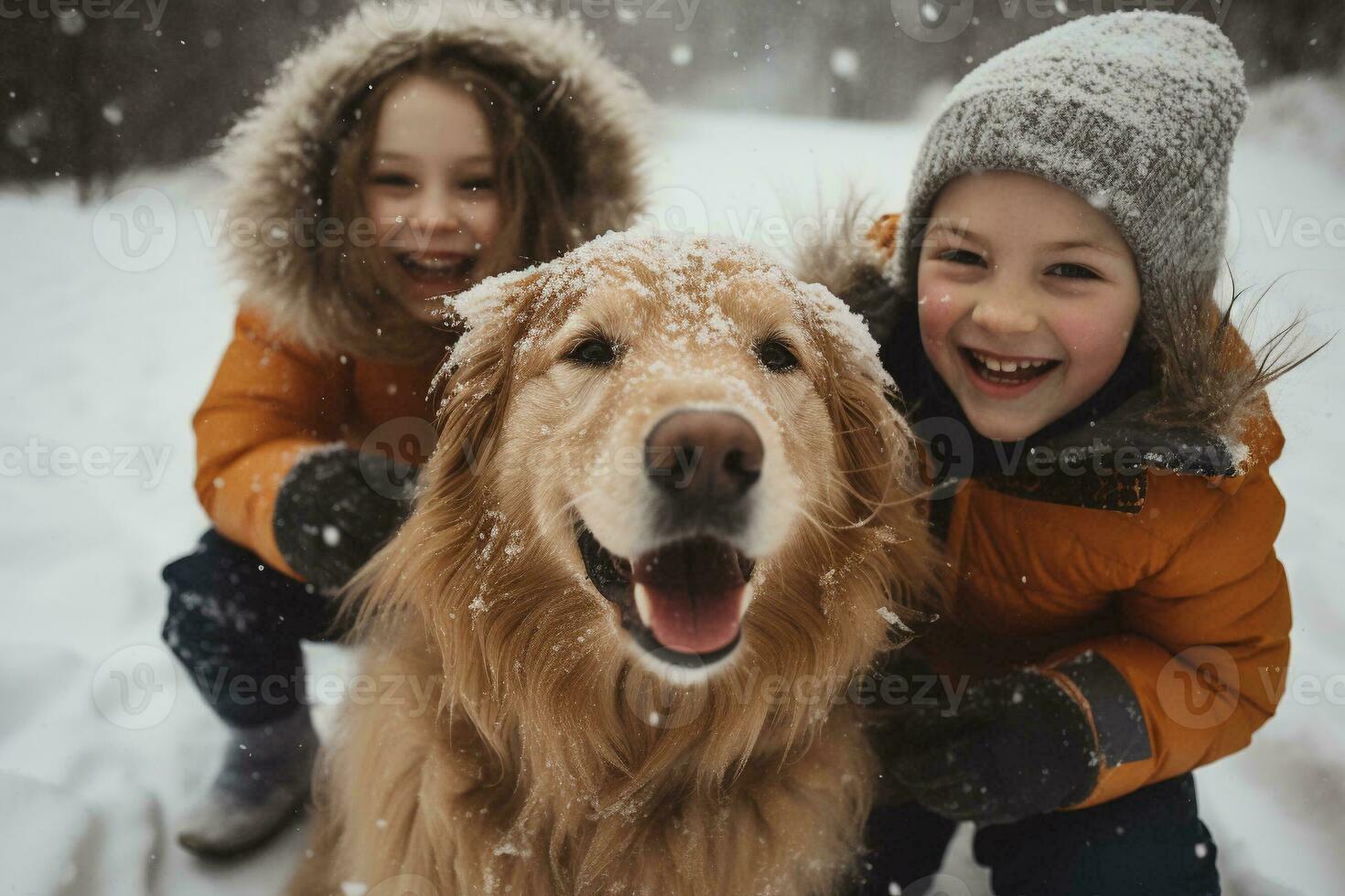 crianças jogando com seus cachorro dentro a neve em inverno dia. crianças rindo e tendo Diversão enquanto jogando com animal ao ar livre. generativo ai. foto