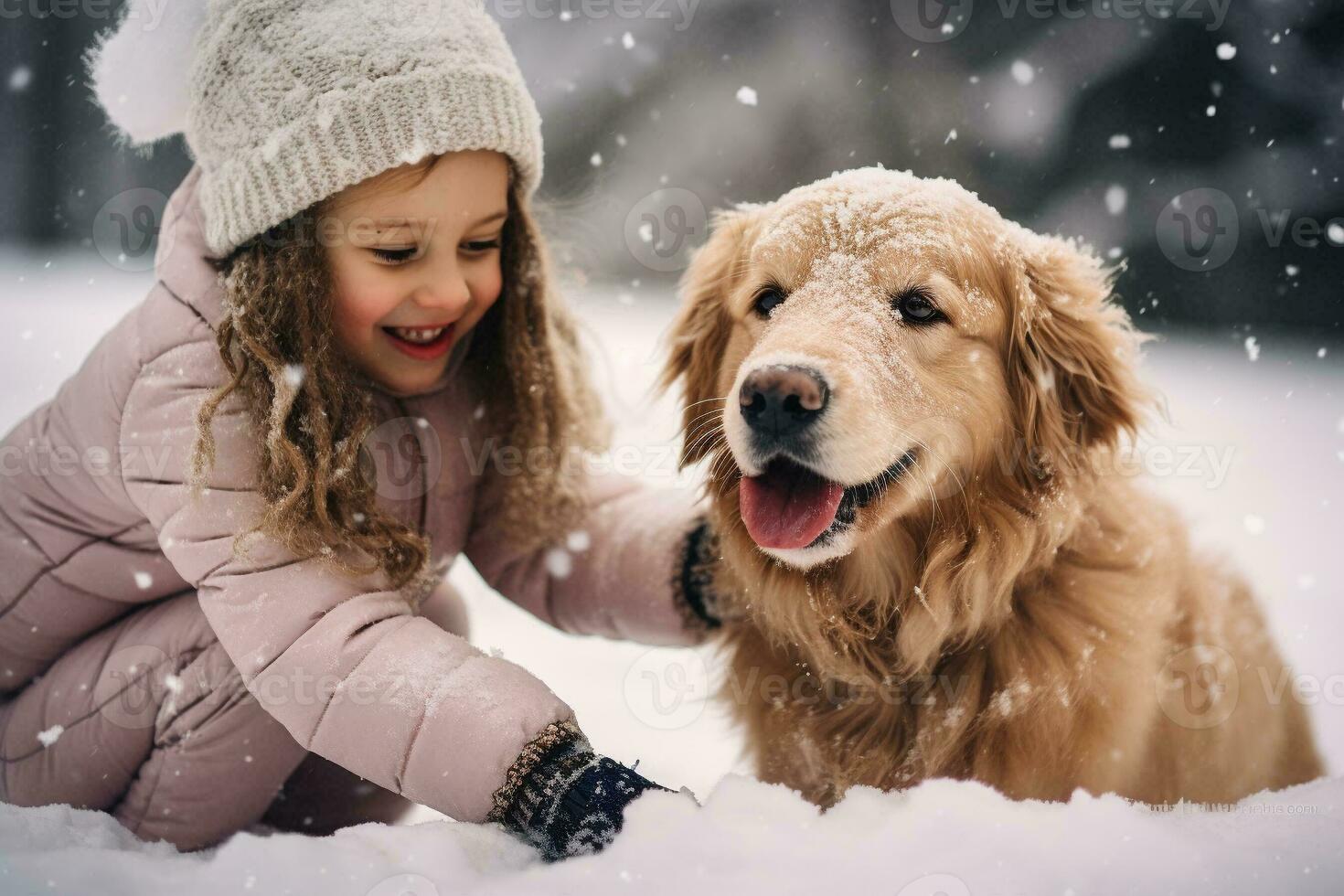 fofa pequeno menina jogando com dela cachorro dentro a neve em inverno dia. criança rindo e tendo Diversão enquanto jogando com animal ao ar livre. generativo ai. foto