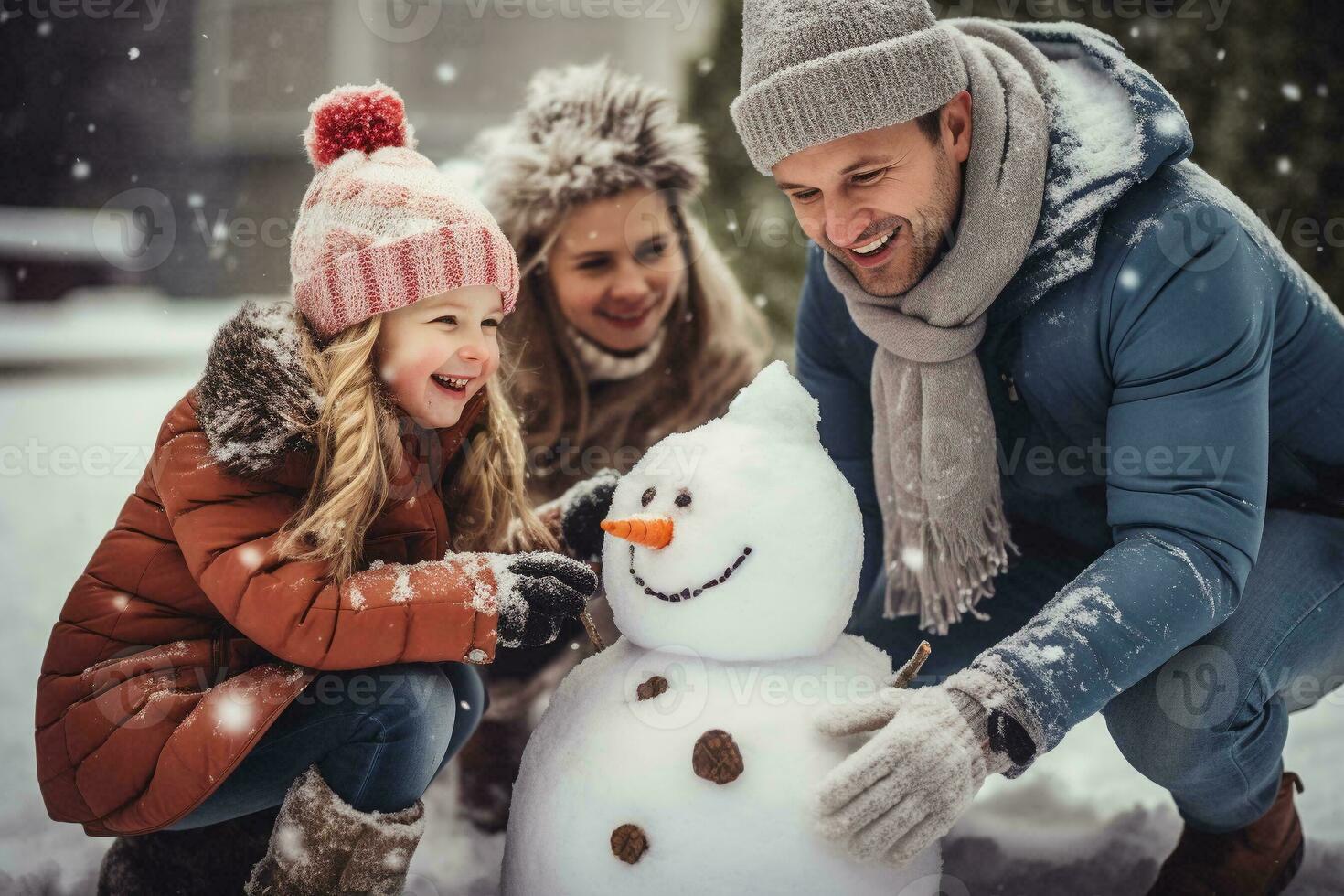 pai e filhas construção uma boneco de neve juntos em inverno dia. feliz família tendo Diversão enquanto jogando dentro neve ao ar livre. generativo ai. foto