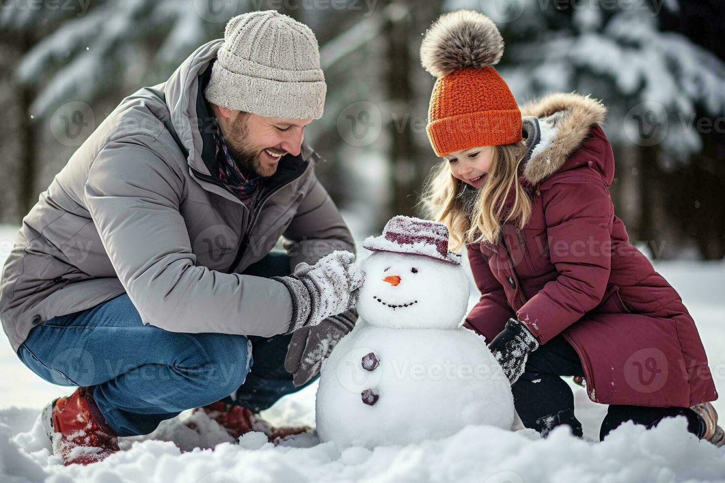 pai e filha construção uma boneco de neve juntos em inverno dia. feliz família tendo Diversão enquanto jogando dentro neve ao ar livre. generativo ai. foto