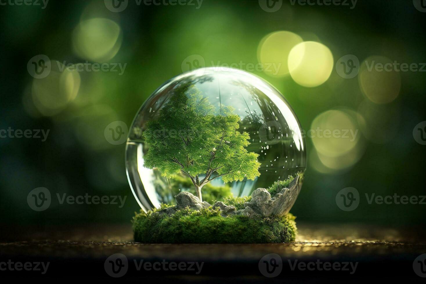 cristal vidro esfera com verde árvore dentro em luz verde floresta fundo. por exemplo, meio Ambiente proteção, eco amigáveis ambiente. sustentável desenvolvimento e terra dia conceito. generativo ai. foto