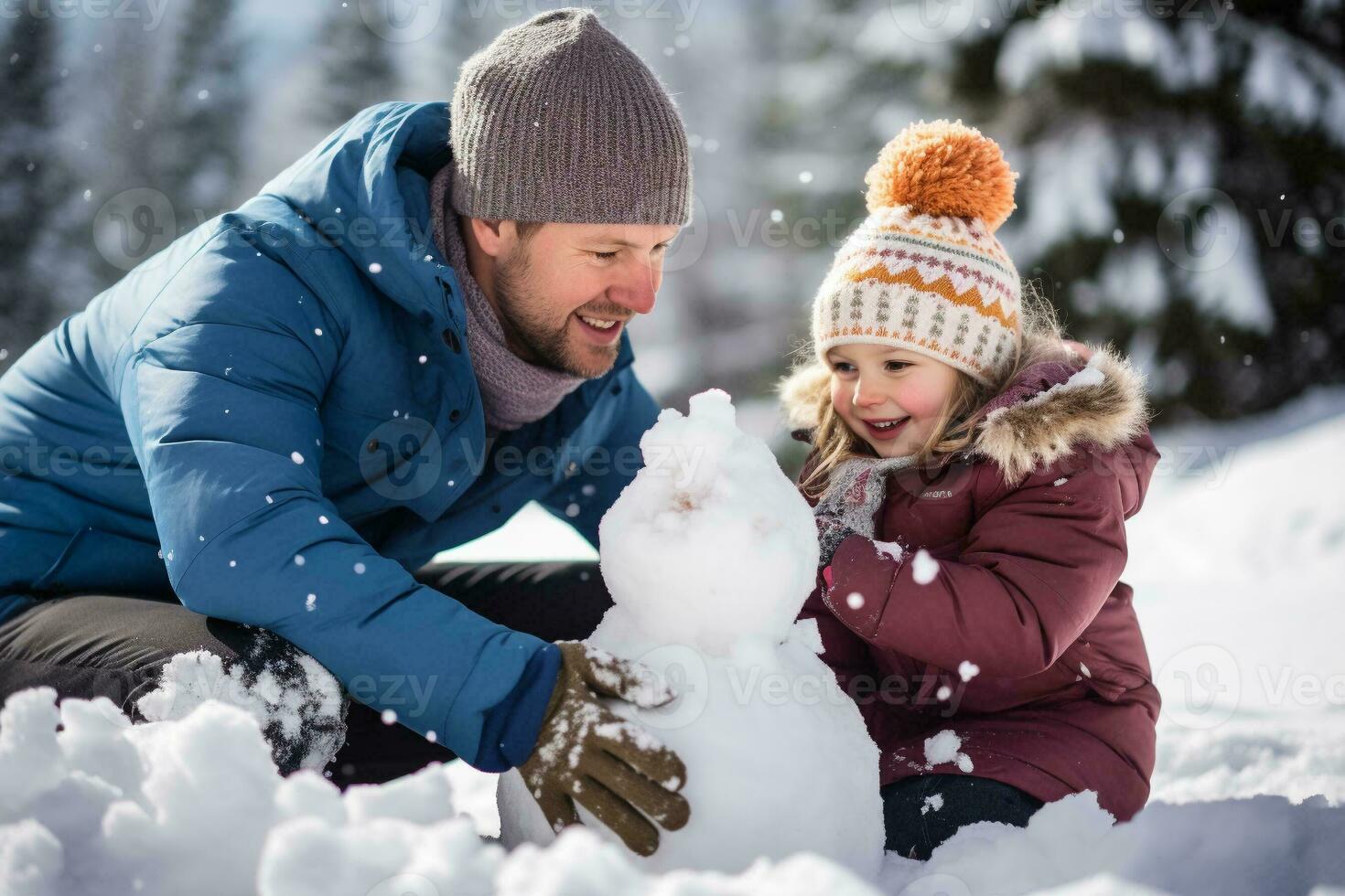 pai e filha construção uma boneco de neve juntos em inverno dia. feliz família tendo Diversão enquanto jogando dentro neve ao ar livre. generativo ai. foto