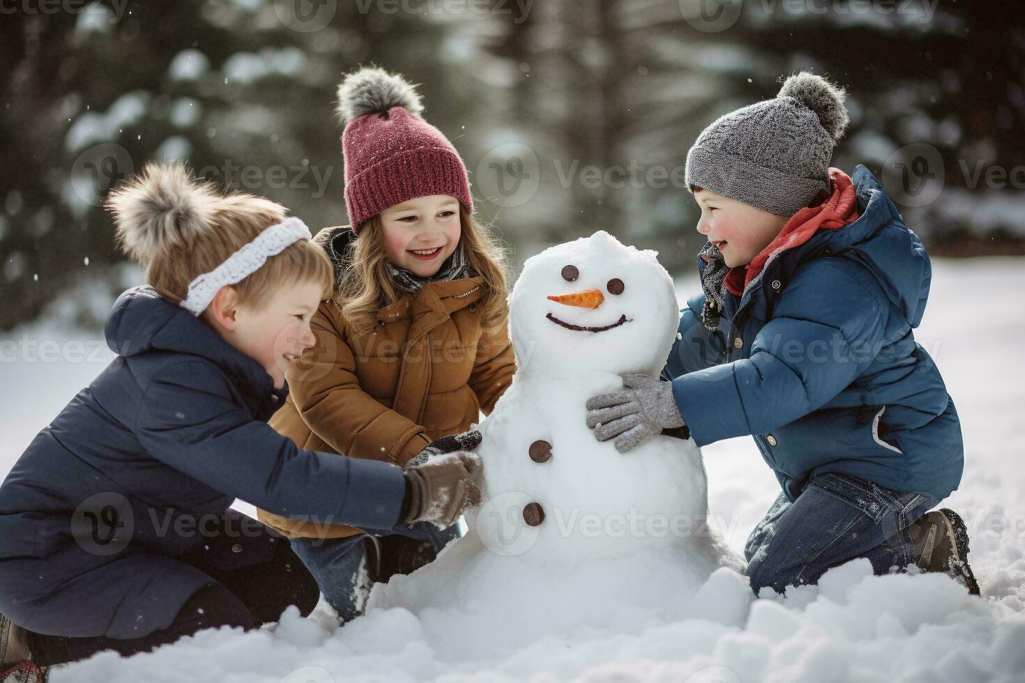 crianças construção uma boneco de neve juntos em inverno dia. crianças sorridente e tendo Diversão enquanto jogando dentro neve ao ar livre. generativo ai. foto