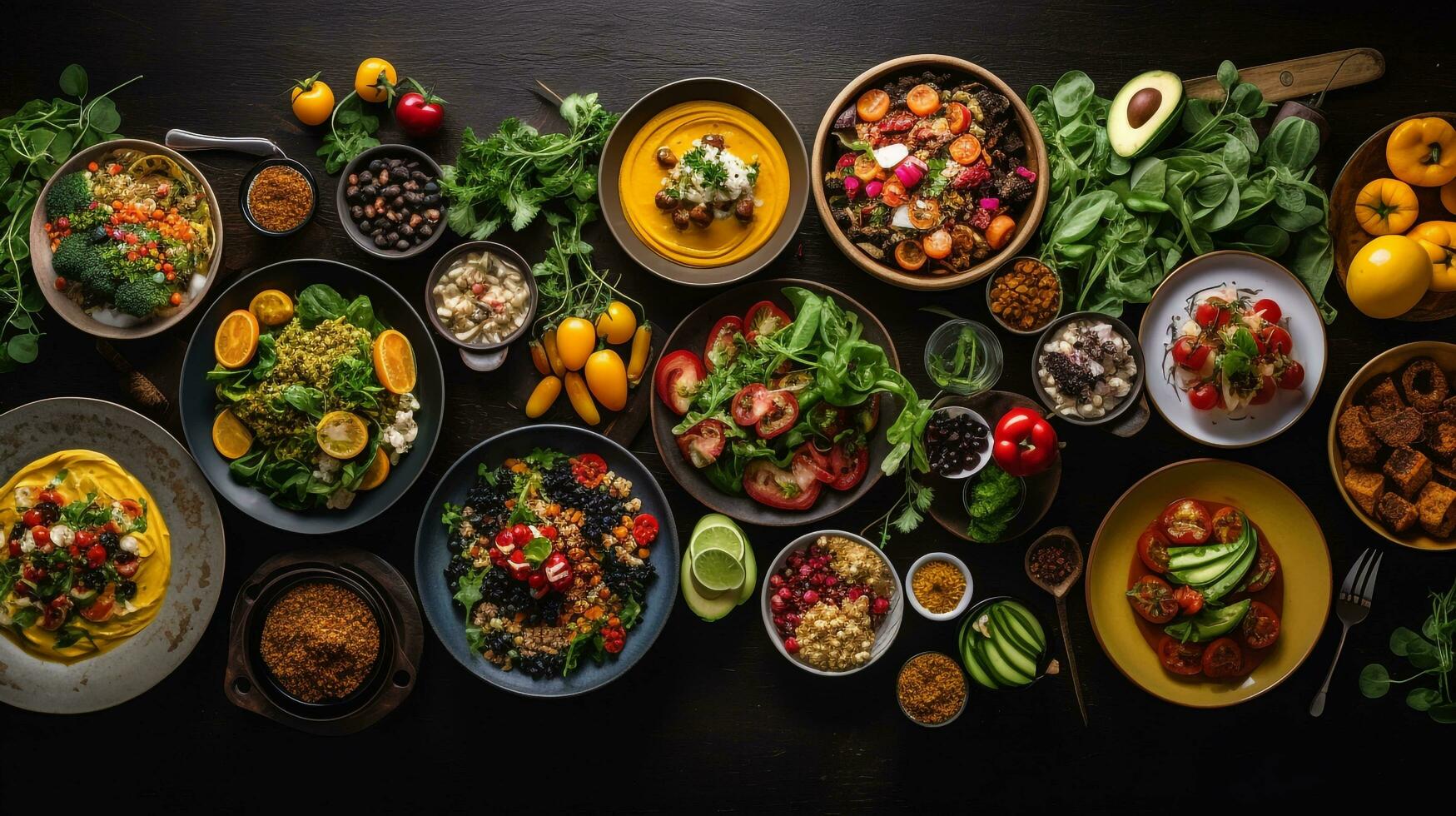 uma vibrante imagem para mundo vegano dia, uma generoso mesa preenchidas com colorida, à base de plantas pratos, exibindo a delicioso variedade do vegano cozinha, ai gerado foto