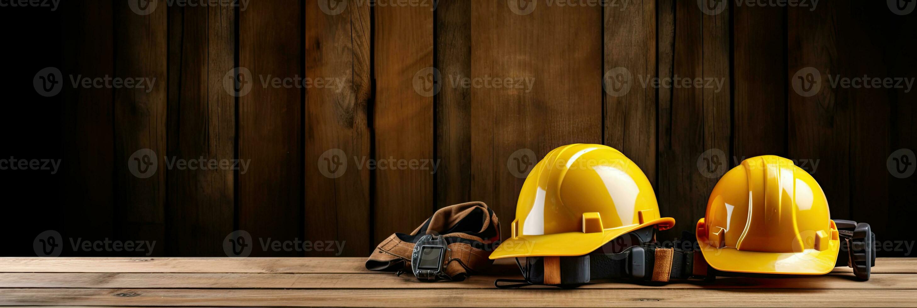 uma capacete do construção trabalhador Ferramentas em Castanho de madeira fundo com cópia de espaço, espaço para texto Projeto. construção bandeira. generativo ai foto