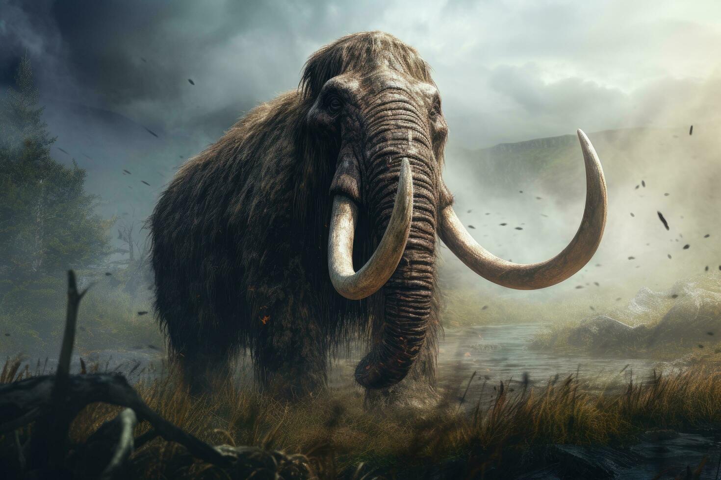 3d Renderização do uma grande mamute em pé às a Beira do uma lago, pré-histórico mamute, ai gerado foto