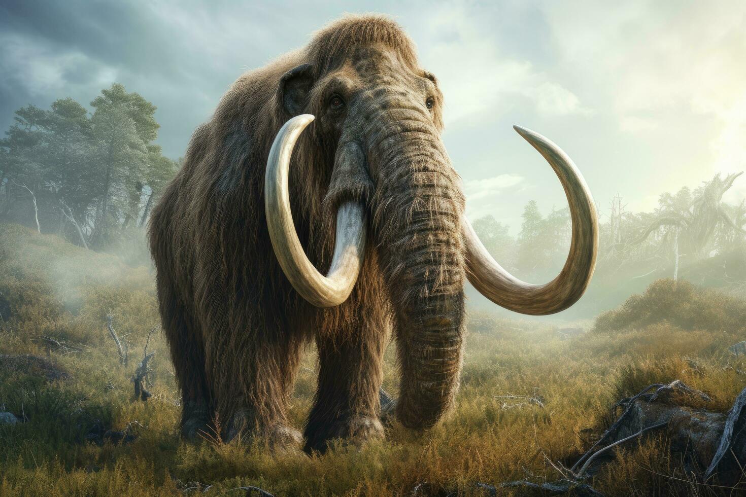 grande mamute dentro a floresta. 3d Renderização, 3d ilustração, pré-histórico mamute, ai gerado foto