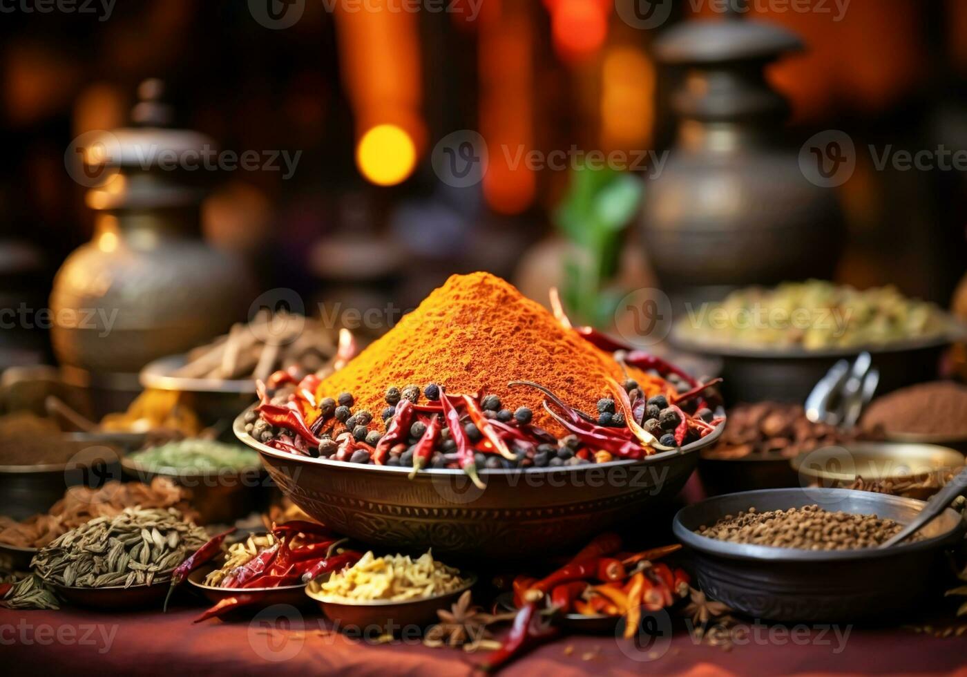 diferente colorida indiano especiarias para saboroso Comida. tradicional alfândega. ai gerado foto