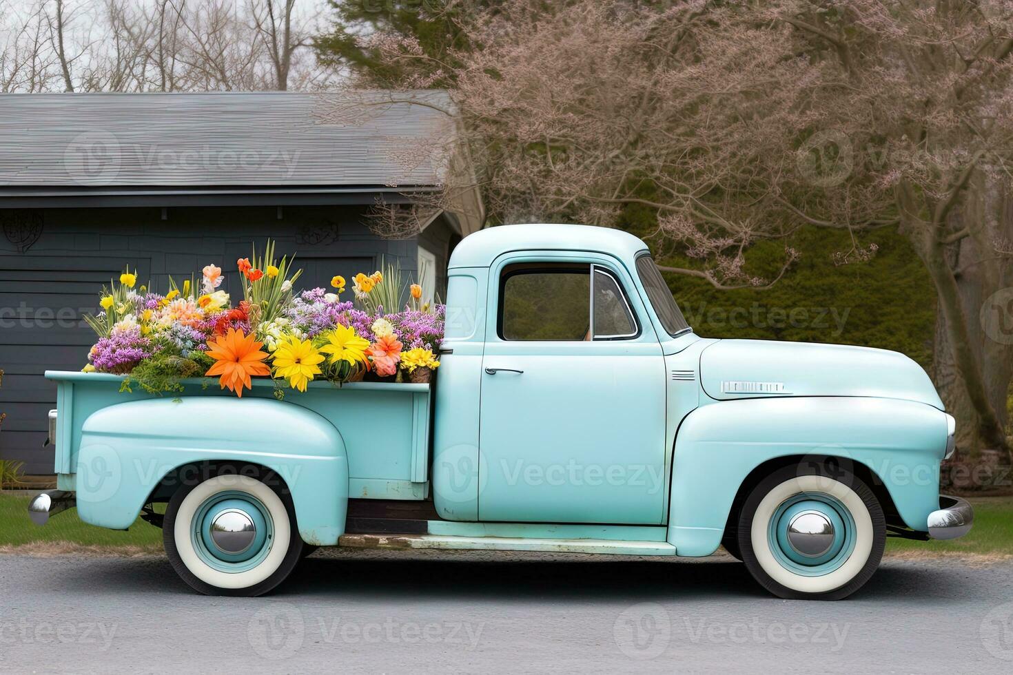 vintage azul pegar caminhão com flores dentro outono temporada. generativo ai. foto