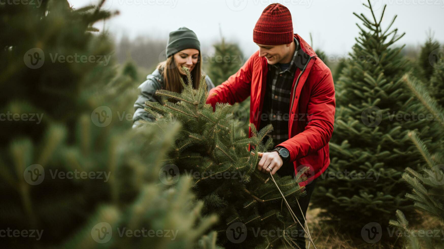 ai generativo casais procurando e corte juntos a certo pinho árvore para Natal, cedo manhã brilho do sol foto