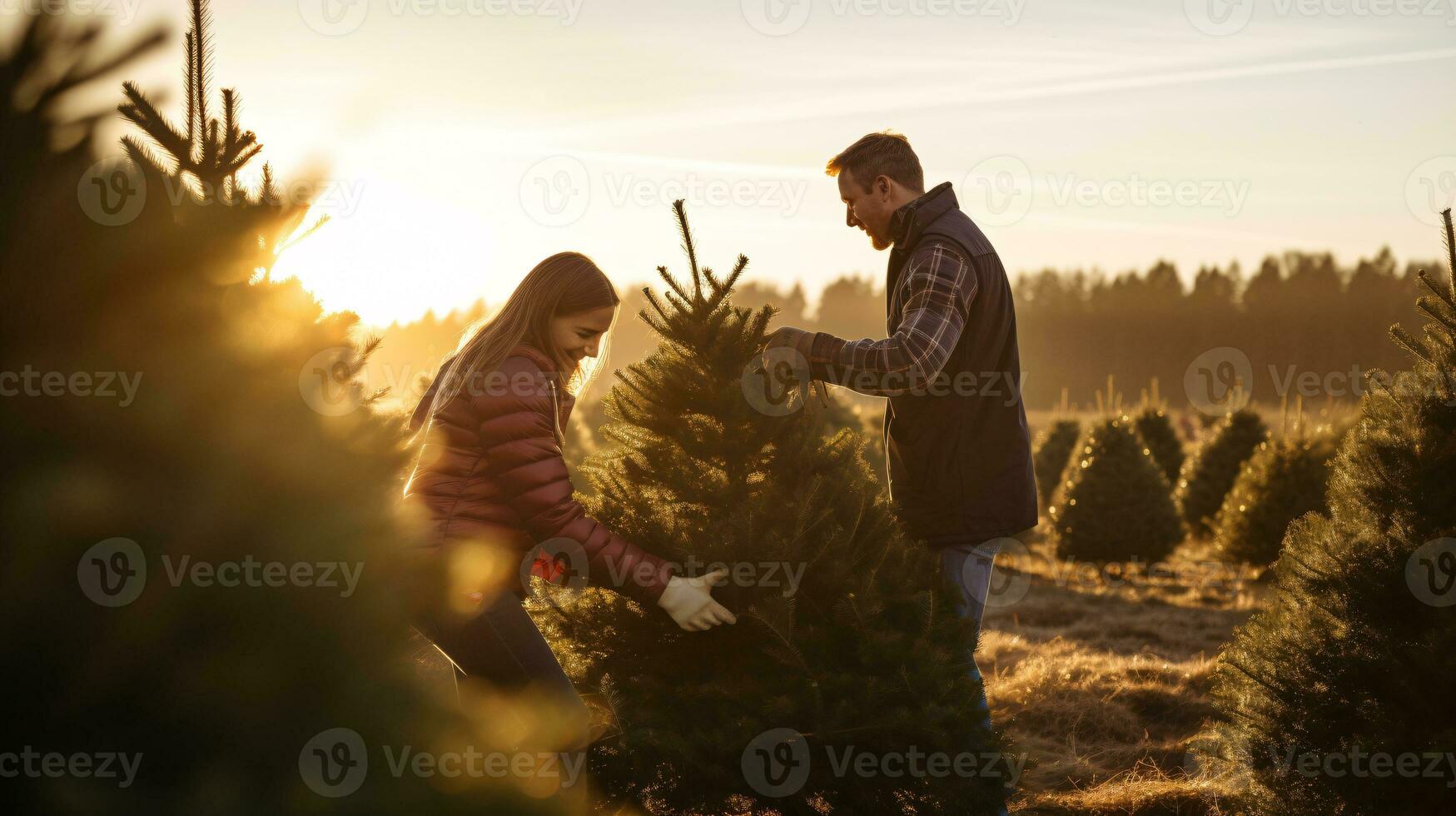 ai generativo casais procurando e corte juntos a certo pinho árvore para Natal, cedo manhã brilho do sol foto