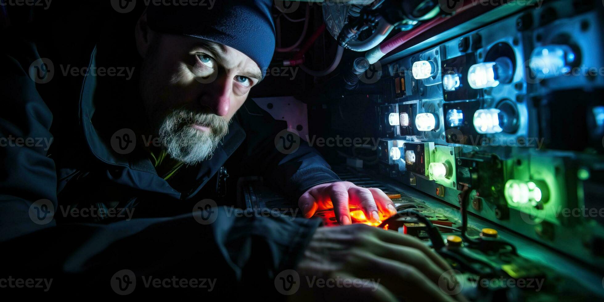 retrato do uma homem dentro uma Sombrio quarto com elétrico equipamento ai gerado foto