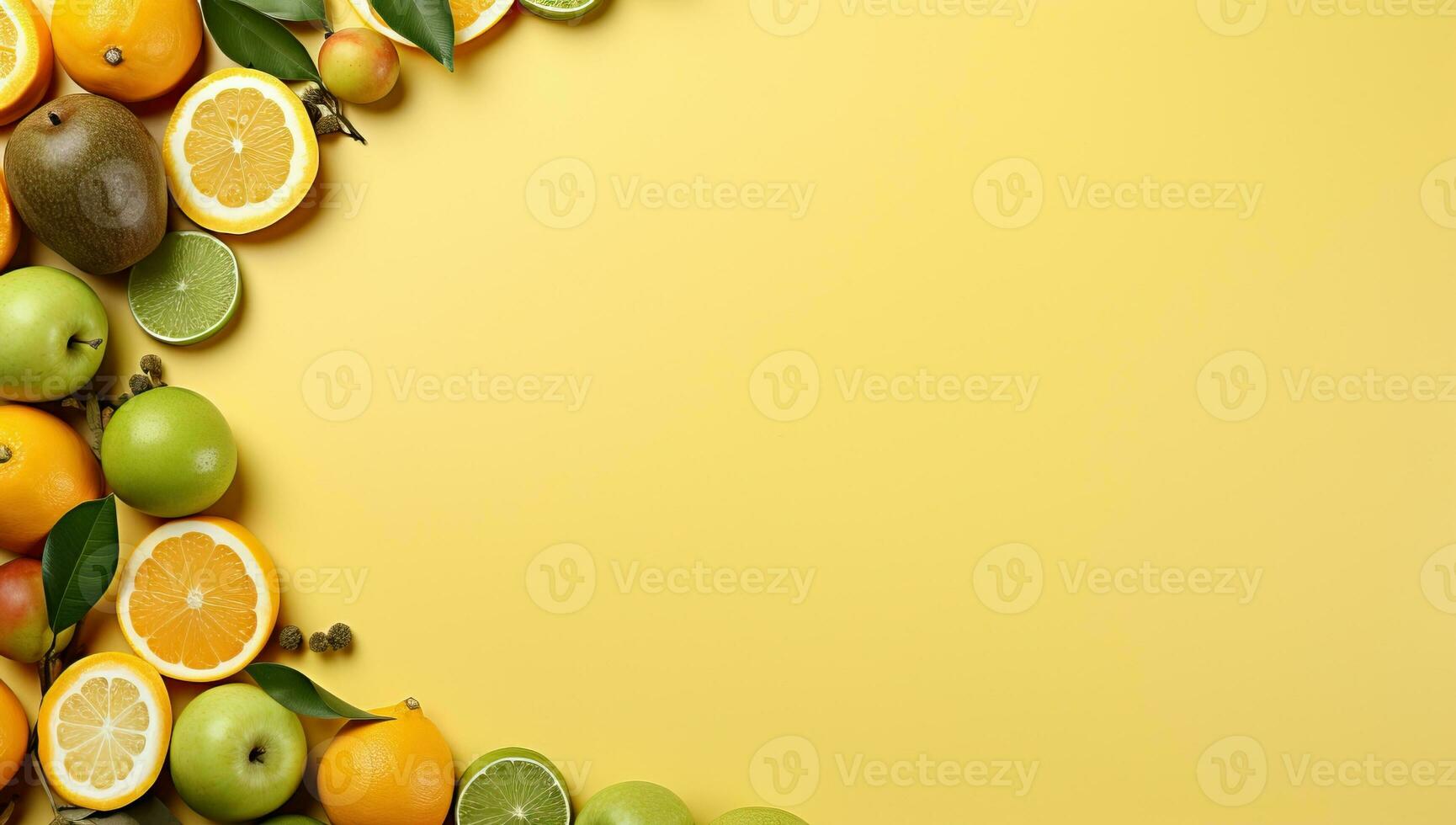 quadro, Armação fez do diferente citrino frutas em amarelo fundo, plano deitar. espaço para texto ai gerado foto