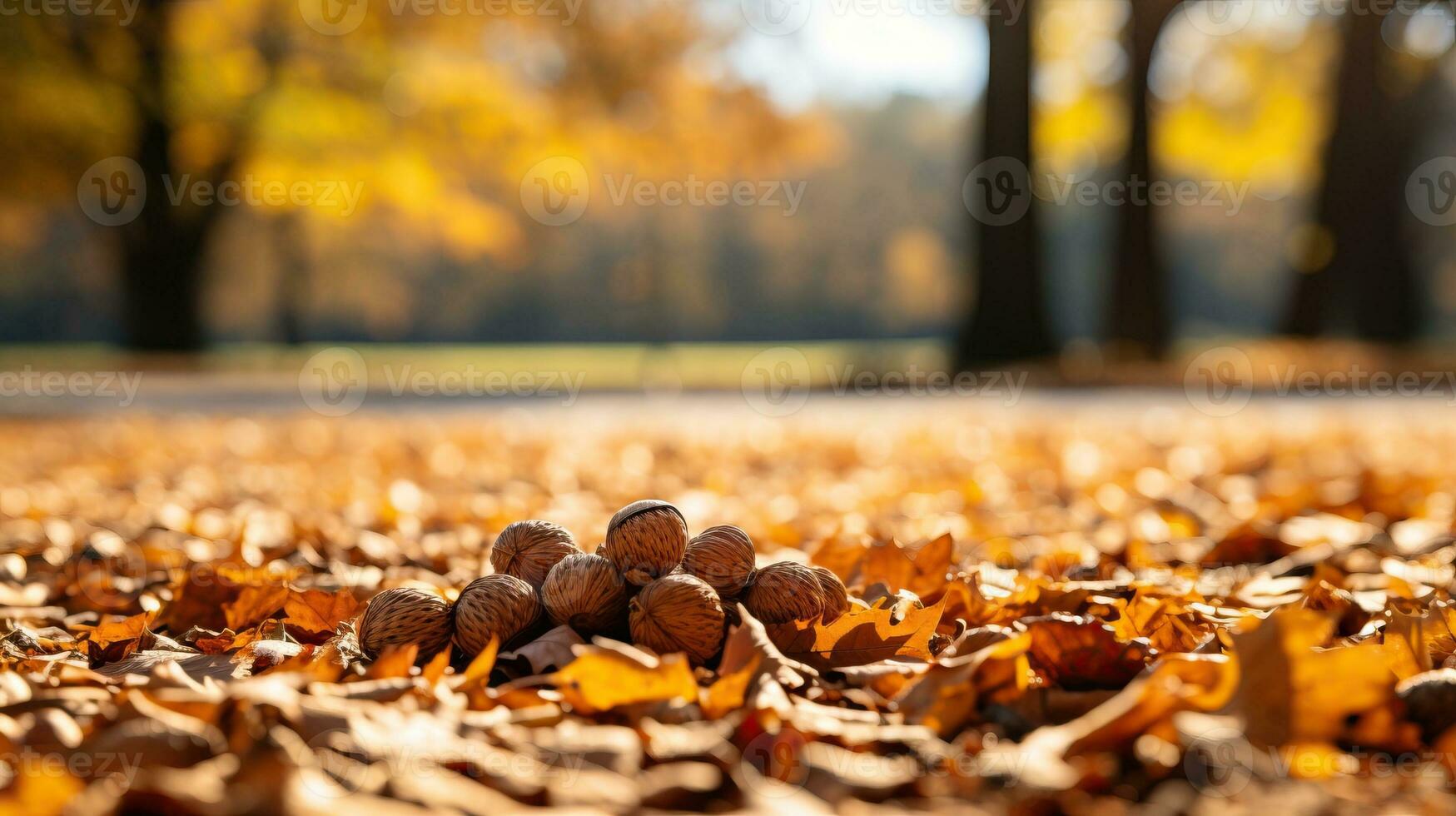outono fundo com nozes em a terra dentro a parque. ai gerado. foto