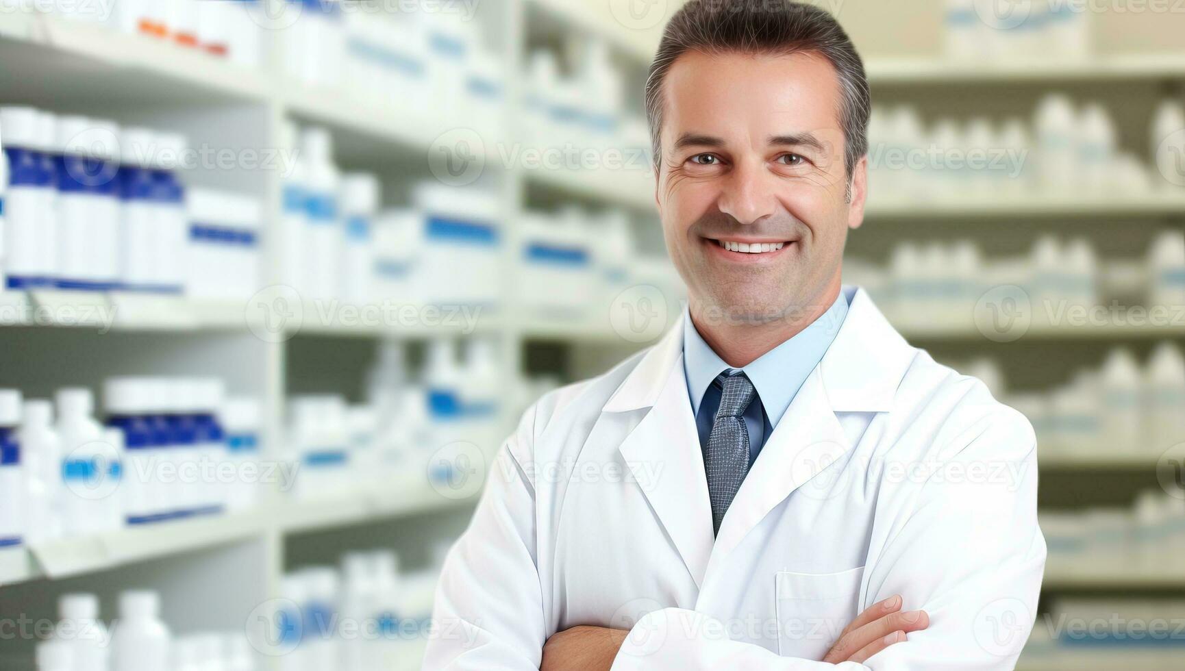 retrato do uma sorridente masculino farmacêutico em pé com braços cruzado dentro Drogaria. ai gerado. foto