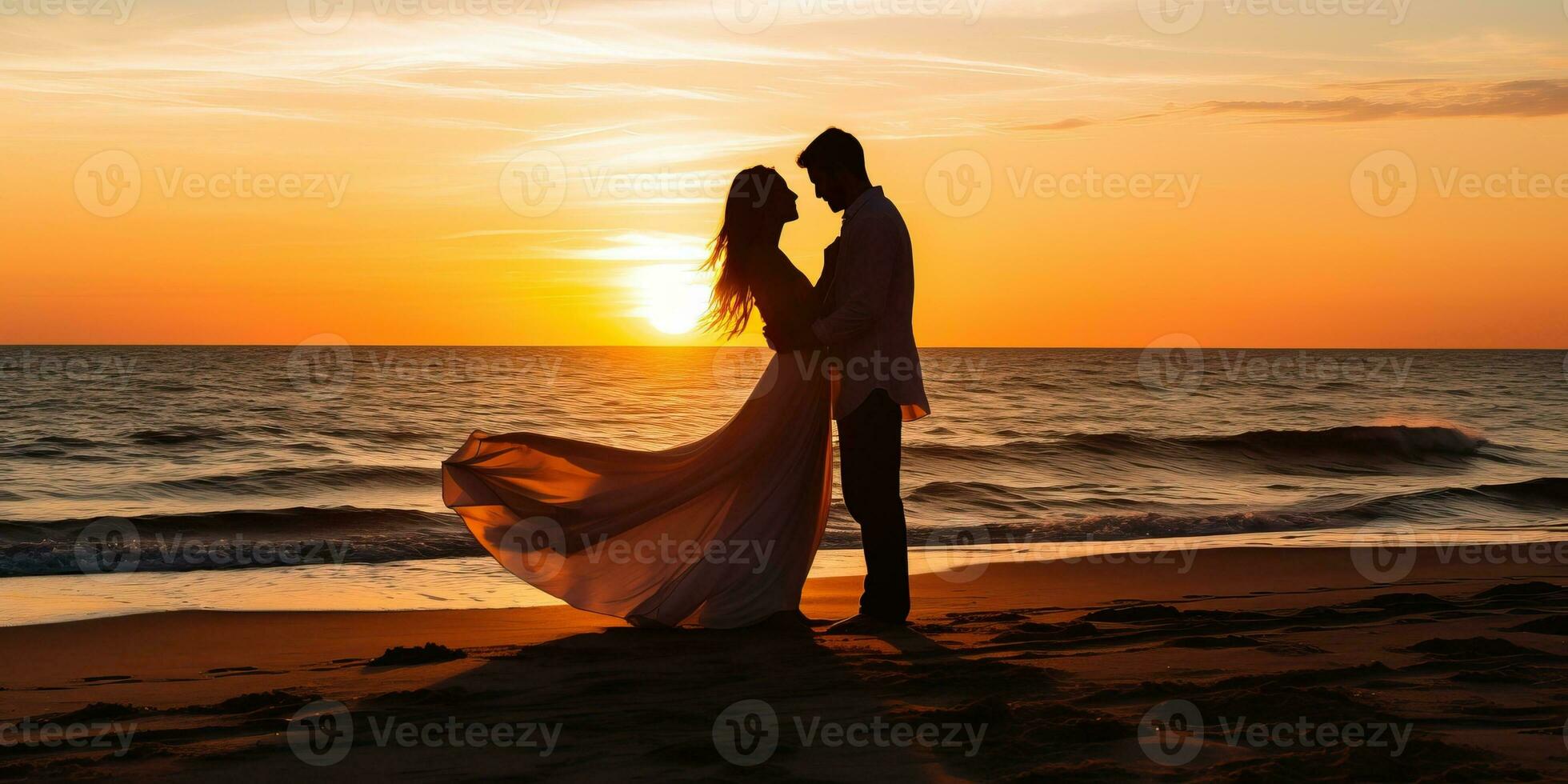 silhueta do uma amoroso casal às pôr do sol em a de praia ai gerado foto