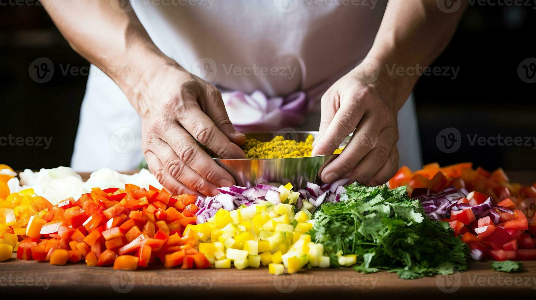 jovem homem preparando vegetal salada dentro a cozinha ai gerado foto