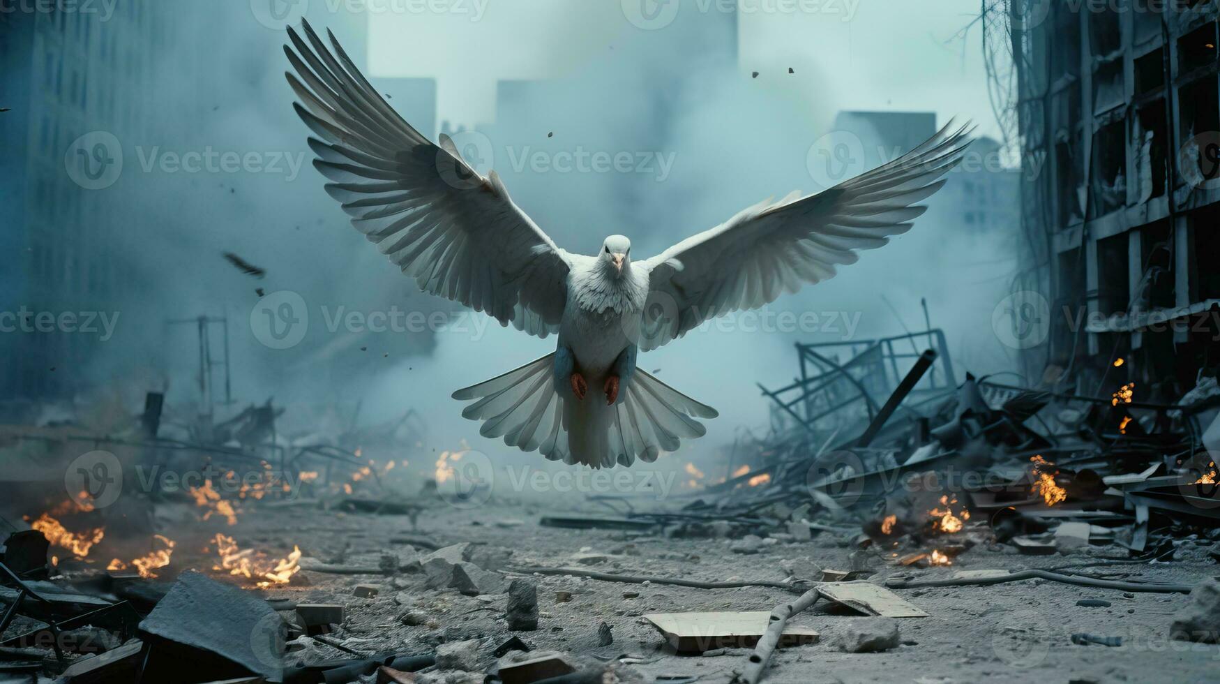 Pombo vôo dentro a ar sobre destruído construção dentro a cidade conseqüência do a guerra. a conceito do paz. ai gerado. foto