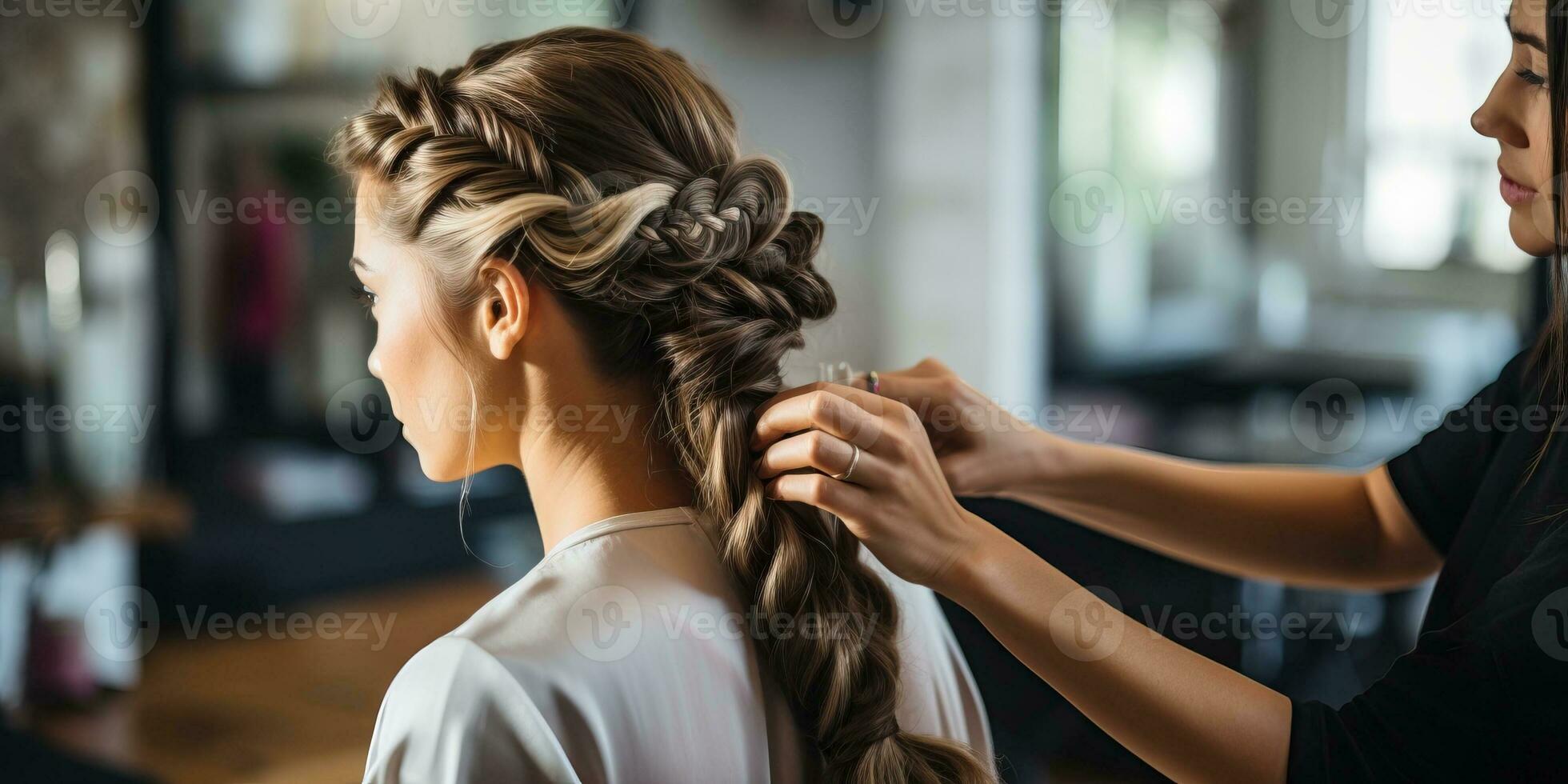 cabeleireiro trança cabelo do mulher dentro beleza salão. ai gerado. foto