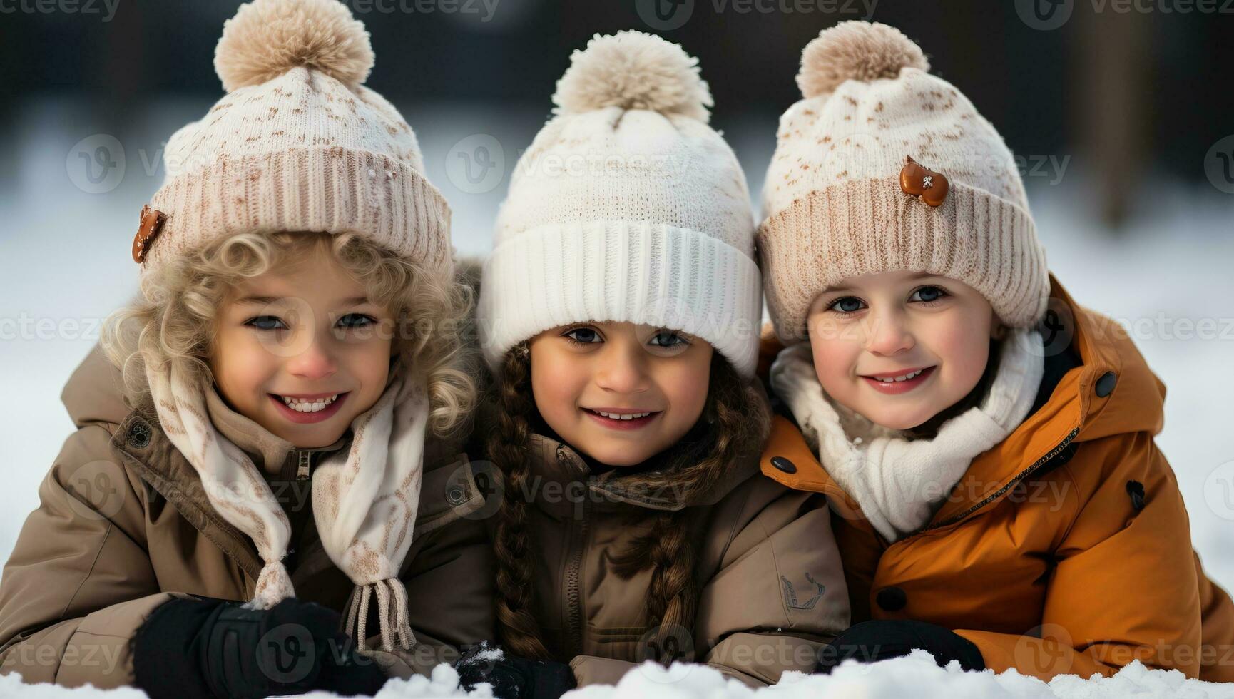 três fofa pequeno meninas dentro caloroso inverno roupas deitado em neve dentro parque ai gerado foto